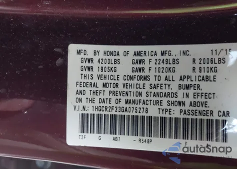 2016 Honda Accord Lx из США, поврежденный, VIN 1HGCR2F33GA075278